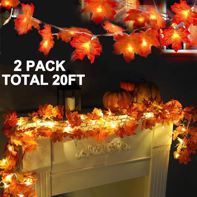 TURNMEON 2 Pack Thanksgiving Decorations Enlarged Maples Leafed Lights Total 20Ft 40LED Fall Decorations for Home, Battery Operated Autumn Garland Waterproof Indoor Outdoor Holiday Thanksgiving Decor