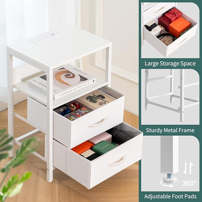 Yoobure Nightstand with Charging Station, Small Night Stand with Fabric Drawers and Storage Shelf for Bedrooms, Nightstands for Small Spaces, Bedside Table with USB Ports & Outlets, Bed Side Table