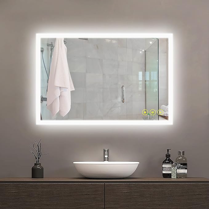 Wall-Mounted LED Square Bathroom Mirror, Makeup Mirror (36 inches x 24 inches,) 3 Color Stepless Dimmable Memory Bathroom Vanity Mirror with Lights CRI90+ 3000-6400K Smart Mirror with Touch