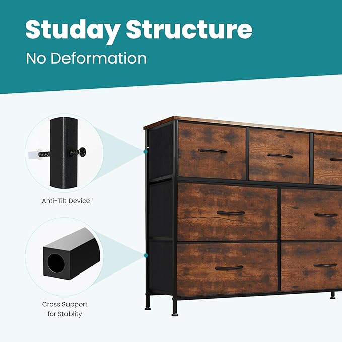 OLIXIS 7 Drawers Dresser for Bedroom, Fabric Storage Tower for Living Room, Entryway - Sturdy Steel Frame, Wooden Top & Easy Pull Fabric Bins, Closet Chests Organizer for Clothes, Classic Rust Brown