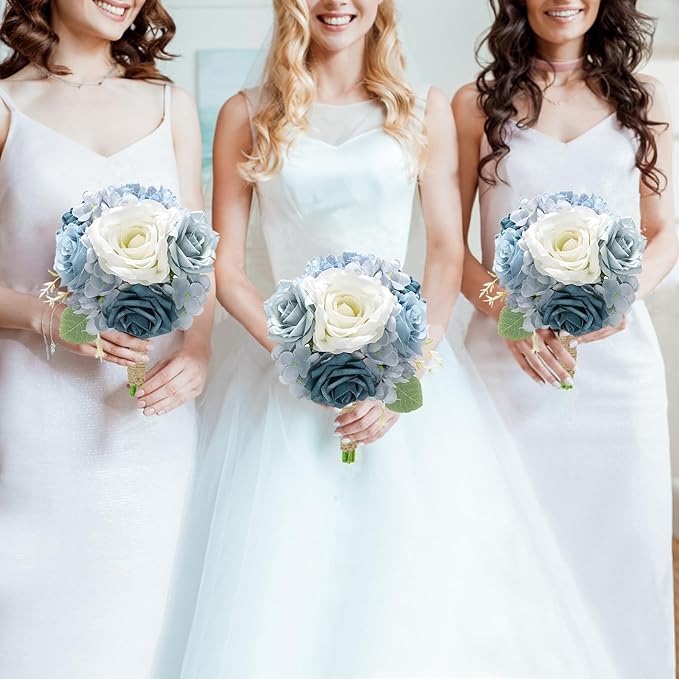 Artificial Bridesmaids Bouquets Set of 4 - 7 inch Silk Rose Bouquets for Bridesmaids, Pre-made Bridesmaid Flowers Small Bouquet for Wedding Vintage Country Bridal Shower Decorations -Dusty Blue