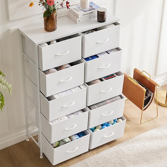 DUMOS Dresser for Bedroom, 10 Storage Drawers, Wide Fabric Closet Chests Organizer Tower Furniture with Wooden Top Metal Frame for Clothes, Guest Room, Living Room, Hallway, Entryway
