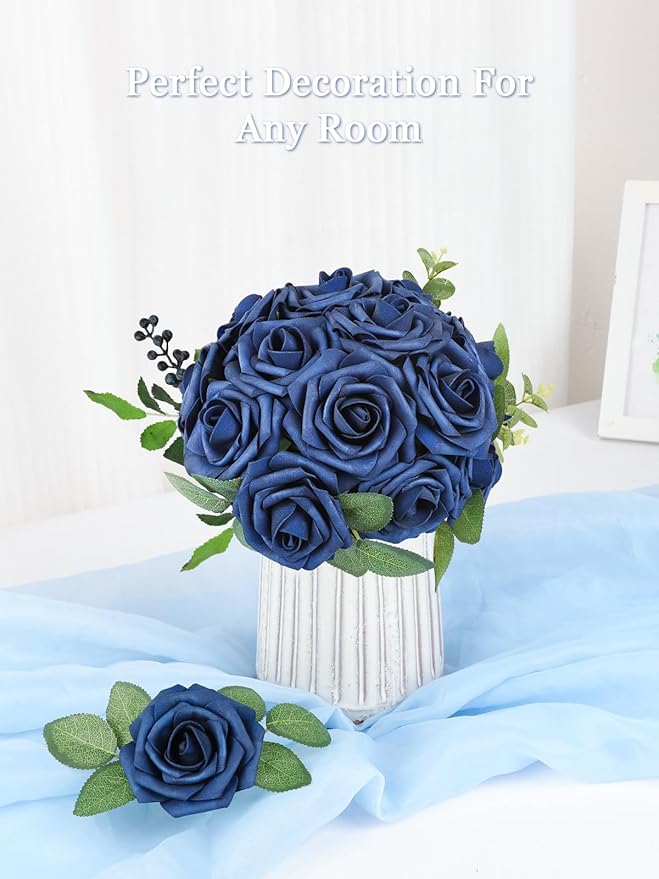 MACTING Artificial Flower Roses 60PCS Real Touch Fake Flowers with Stem Navy Blue Foam Roses for DIY Wedding Bouquet Table Centerpieces Party Holiday Home Indoor Outdoor Spring Mothers Day Decorations