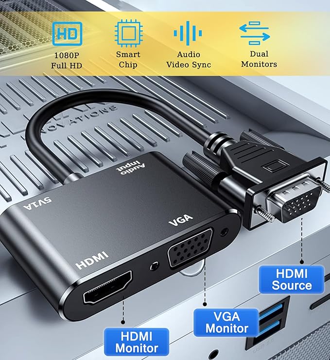 VGA to HDMI+VGA Adapter for Dual Monitors, VGA to HDMI Adapter Splitter 2 in 1,1080P@60HZ Full HD Display Video Converter for PC Laptop Link Monitor/HDTV/Projector (for Windows & MaC os)