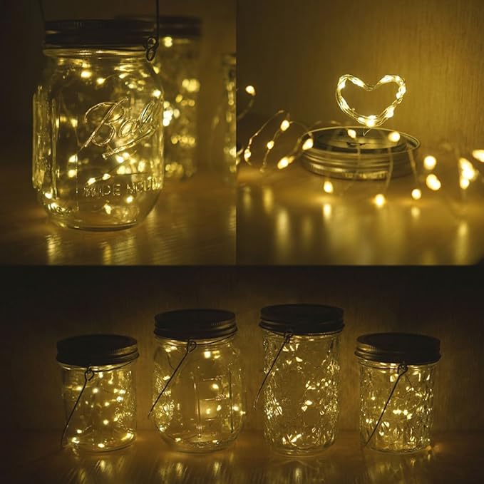 Decorman Solar Mason Jar Lid Lights, 6 Pack 10 LED Waterproof String Fairy Star Firefly Jar Lids Lights for Patio Garden Yard Lawn Party Wedding Christmas Decoration(Jars & Hangers Not Included)