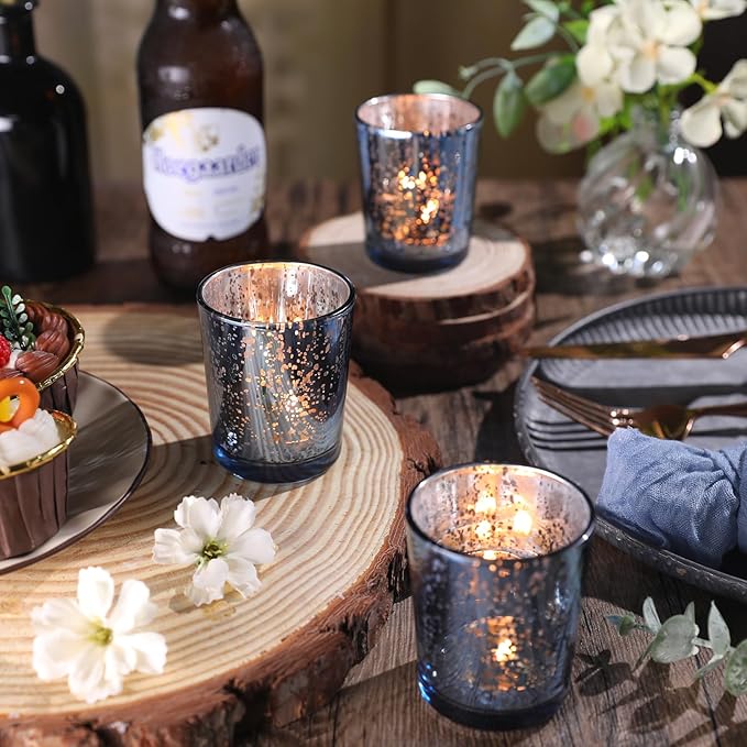 LETINE Blue Votive Candle Holders Set of 36 -Mercury Glass Candle Holders for Wedding & Baby Shower Decor - Ideal for Bridal Shower & Centerpieces for Tables