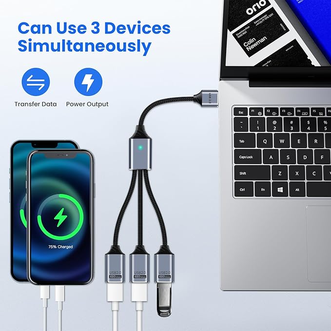 USB Splitter 3 Port with USBC Adapter for Laptop, 1 in 3 Out Extension Cable, Data and Power Cable Compatible with PC Keyboard Mouse Mac Flash Drive PS4 PS5 Printer