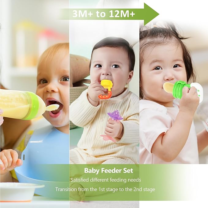 WAJIAYON Baby Fruit Feeder Pacifier - 5 Pack | 2 Infant Food Feeder Pacifier & 1 Baby Food Dispensing Spoon | Fresh Fruit Teethers for Babies | Shower Gifts for Boys and Girls (Green&Yellow)