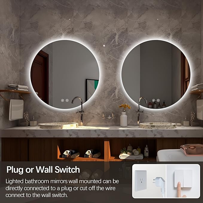 Niccy Round Led Mirror for Bathroom, 30" Circle Frameless Backlit Mirror wiht Light, Anti-Fog, 3 Colors, Waterproof, Memory Function