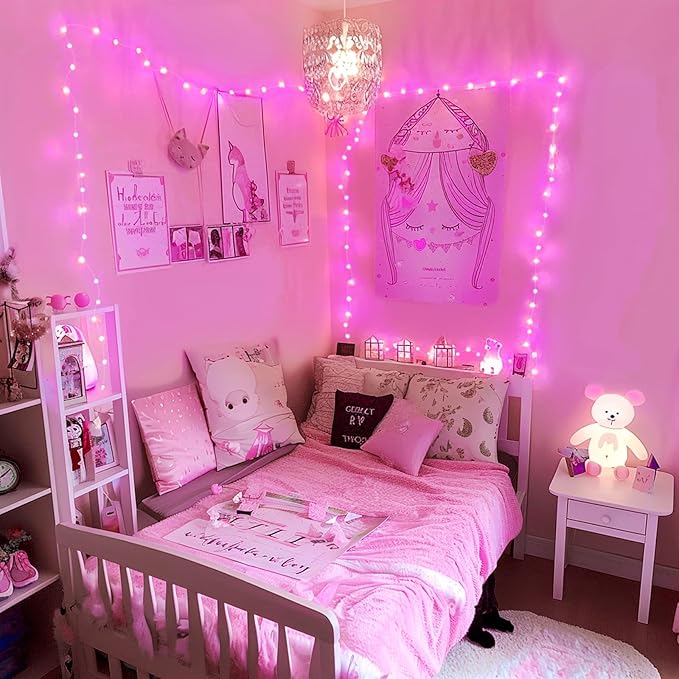 JMEXSUSS 4 Pack 50 LED Pink Fairy Lights Battery Operated, 16.1ft Christmas Fairy Lights Indoor Outdoor Waterproof, Pink String Lights for Bedroom Wedding Birthday Valentine Christmas Decorations