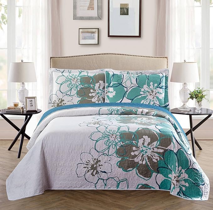Fancy Collection 3 Pc Bedspread Bed Cover Oversize New (Full/Queen,White Grey Green Floral)
