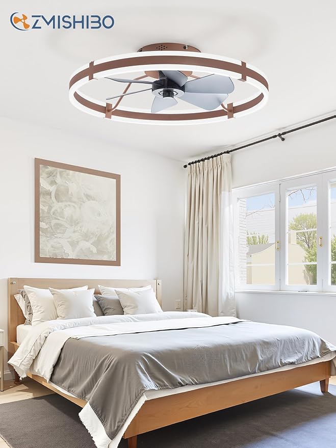 ZMISHIBO 24 Inch Ceiling Fans with Lights and Remote, Modern Low Profile Ceiling Fan, 3000-6000K Dimmable Flush Mount LED Fan Light, 6 Wind Speeds, Fandelier Ceiling Fans for Bedroom- Brown