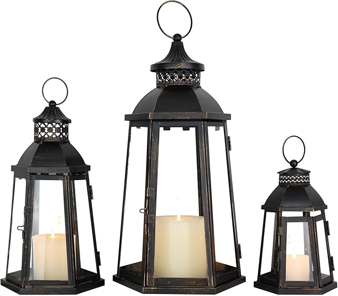 DECORKEY 19’’&16’’&8’’ Lanterns Decorative Outdoor & Indoor, Large Lantern for Front Porch, Metal Frame Candle Holders with Glass, Vintage Patio, Pathway, Balcony, Garden, Yard Decor