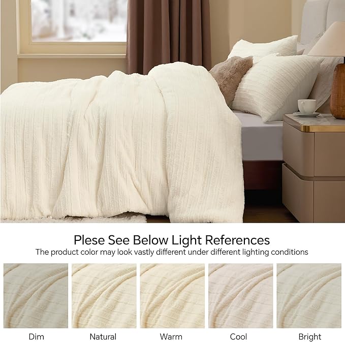 BEDELITE Fleece King Comforter Set -Super Soft & Warm Fluffy Cream White Faux Fur Bedding, Luxury Fuzzy Heavy Bed Set for Winter with 2 Pillow Cases