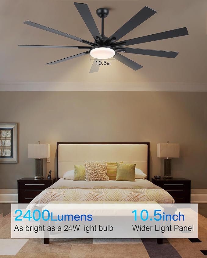 72 Inch Ceiling Fans with Lights,Large Modern Ceiling fan with Remote and 9 Wooden Blades,Dimmable,6 Speeds,Noiseless Reversible Indoor&Outdoor Fan for Bedroom,Patio,Living Room