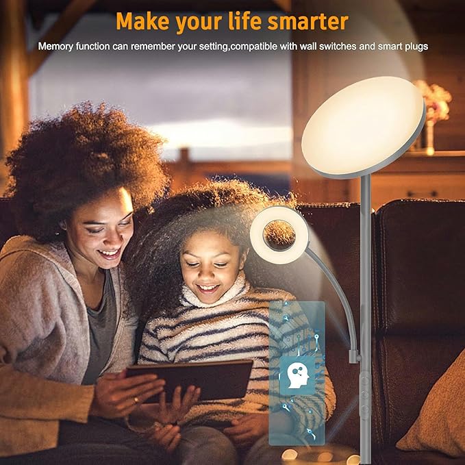 Silver Gray Floor Lamp, 42W 4000LM Super Bright LED Lamp with Reading Light for Living Room Bedroom Office, Dimmable Standing Lamp with Remote & Touch Control