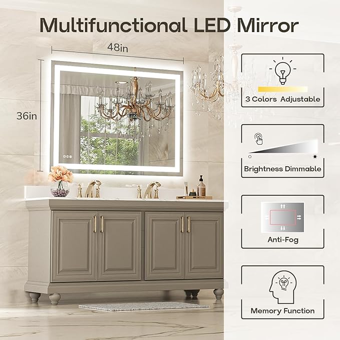 USHOWER LED Bathroom Mirror 48x36 Inch with Lights - Frameless Tempered Glass LED Backlit Lighted Mirror for Bathroom Vanity with Anti-Fog, 3 Colors Dimmable, Memory Function, Wall-Mounted