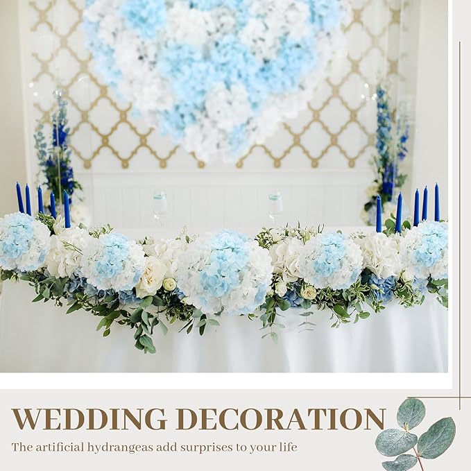 Zeyune 200 Pcs Hydrangea Artificial Flowers, Silk Flower Heads with Stems, Fake Hydrangea Bouquet for Wedding Arch Centerpiece DIY Floral Home Decoration (White and Blue)