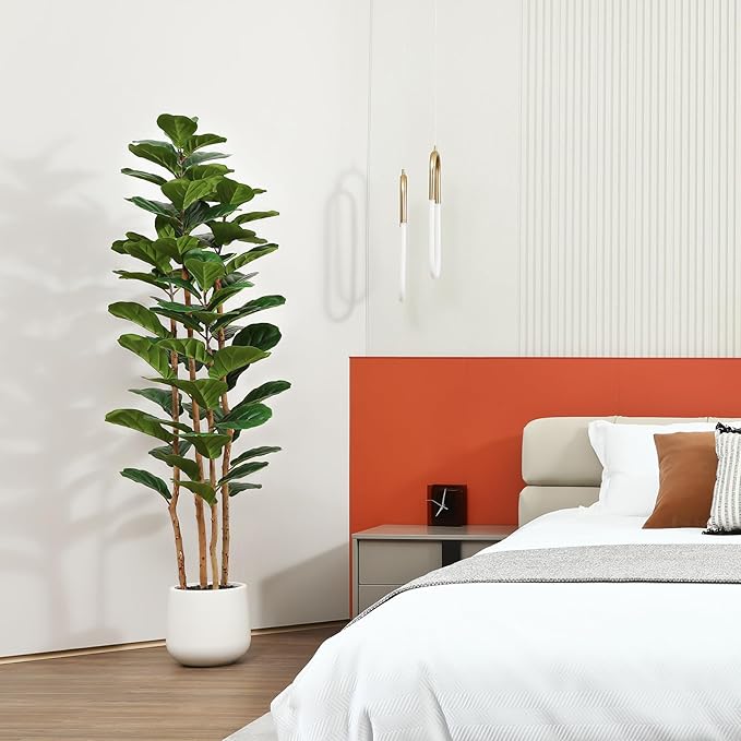 Artificial Fiddle Leaf Fig Tree with White Planter, 6ft Tall Fake Tree with Natural Wood Trunk for Home Decor, Faux Ficus Tree Fake Moss for Indoor Office Living Room