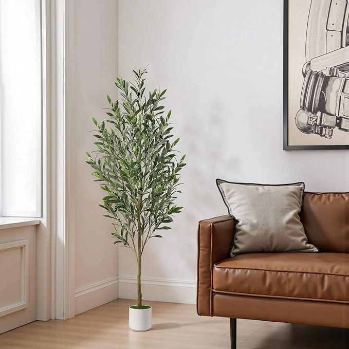 Alupssuc 5FT Artificial Olive Trees, Faux Silk Plant with Lively Artificial Trunk and Lifelike Fruits, Indoor Fake Potted Tree with White Planter for Modern Home Office Living Room Decor