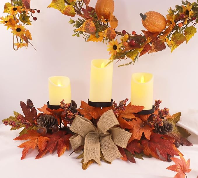 Fall Candle Holder Centerpiece with Maple Leaves, Pinecones, Berries & Burlap Bow,Thanksgiving Table Centerpiece Decoration for Dining Table, Mantel & Autumn Harvest Home Décor