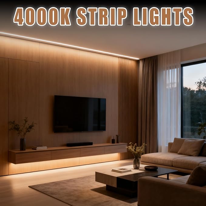 RadiantFlux 4000K 16.4Ft Led Strip Lights, Natural Light Strips Lights Indoor Use, Dimmable,Flexible, Super Bright LED Tape Lights for Living Room, Kitchen, Vanity Mirro