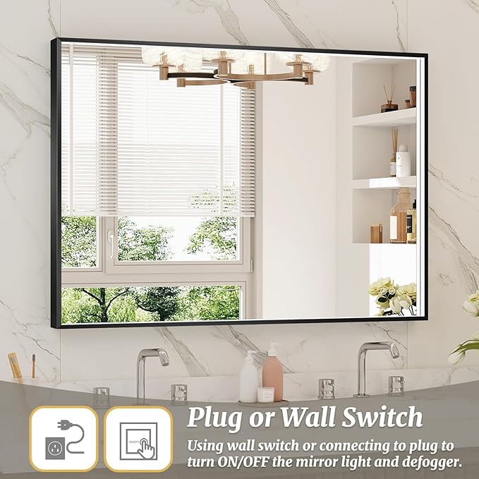 40x28 Inch LED Bathroom Mirror, Black Metal Framed Lighted Mirror for Bathroom, Wall Mouted LED Vanity Mirror with Lights, 3 Colors and Stepless Dimmable, Anti-Fog, Memory