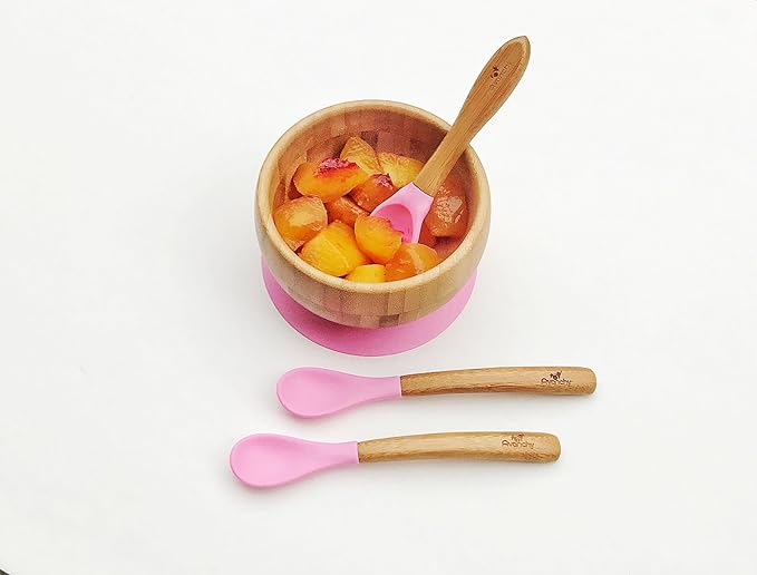 Avanchy Bamboo & Silicone Infant Training Spoons, BPA Free - Soft Tip, Easy on Gums, First Stage Feeding Utensils for Baby-Led Weaning, Self-Feeding, Pink