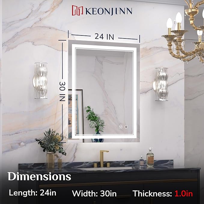 Keonjinn LED Mirror for Bathoom 24 x 30 Inch, Bathroom Mirror with Front Lights, Shatter-Proof Tempered Glass, UL-Listed LED Driver, Anti-Fog, Dimmale 6000K, Easy Installation(Horizontal/Vertical)