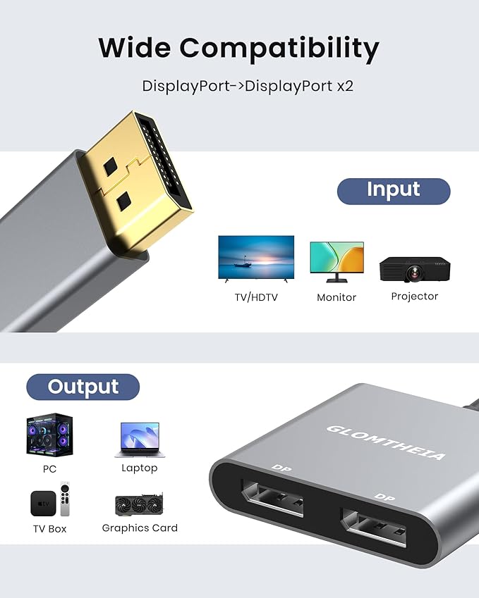 DisplayPort to Dual DisplayPort Splitter Adapter, 4K 60Hz MST Hub for Dual Monitor Setup, 1 in 2 Out DP Splitter for Extended/Mirrored Modes