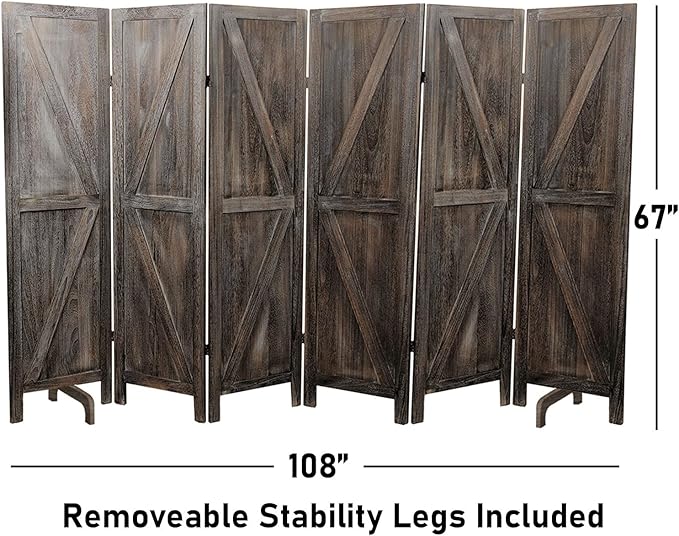 Premium Home 6-Panel Room Divider – Rustic Brown Barn Door, K Pattern Folding Privacy Screen, Partition Wall