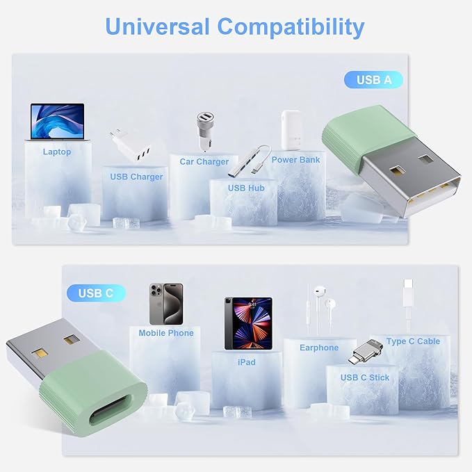 USB to USB C Adapter 3 Pack, Type C Female to A Male Charger Converter for iPhone 15/16/17 Pro Max,iWatch Ultra SE 9 10,Galaxy S25/S24, MacBook, iPad, AirPods,Pixel,PS4,(Green)