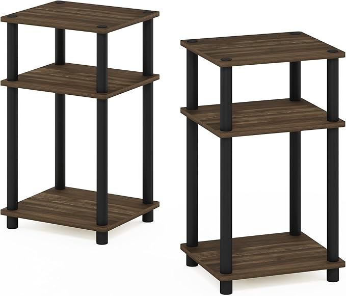Furinno JUST Night Stand Set of 2, 3-Tier Turn-N-Tube Nightstand, Toolless Bedside Tables, End Table, Side Table with Open Storage for Bedroom, Living Room, Bathroom, Columbia Walnut