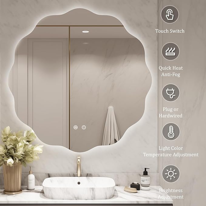 WallBeyond LED Bathroom Mirror with Lights, 32'' Wavy Round Light Up Bathroom Mirror, Anti Fog Led Mirror for Bathroom, 3 Colors and Dimmable Light