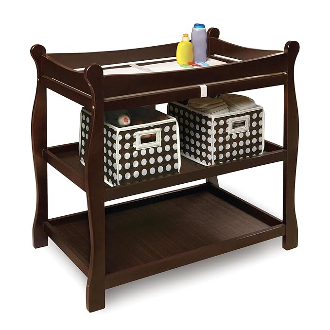 Badger Basket Sleigh Style Baby Changing Table - Nursery Diaper Station with Safety Rails, Foam Pad, and Two Storage Shelves - Nursery Organizer - Black