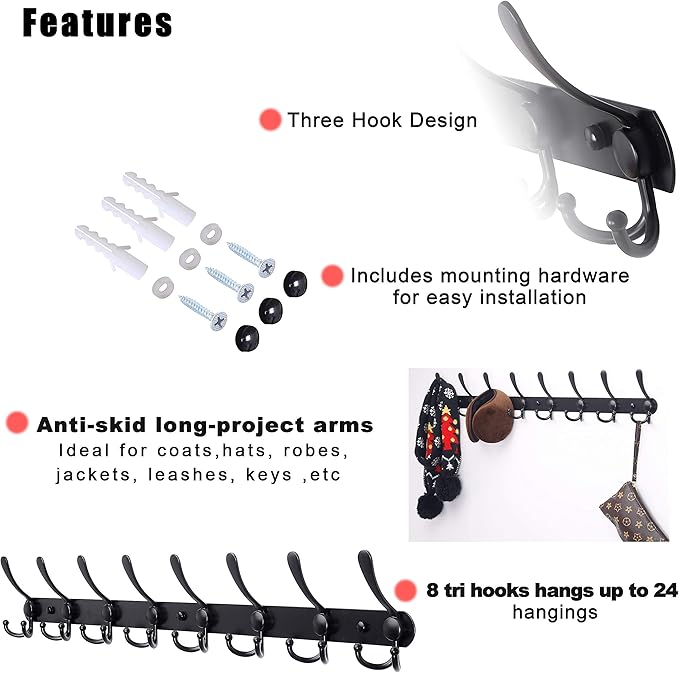 Dseap Coat Rack Wall Mount - 29.5” Long 8-Tri-Hooks Heavy Duty Coat Hanger Rail Wall Hooks for Hanging Coats Hats Clothing Clothes Purse Mudroom Entryway, Black, Pack of 2