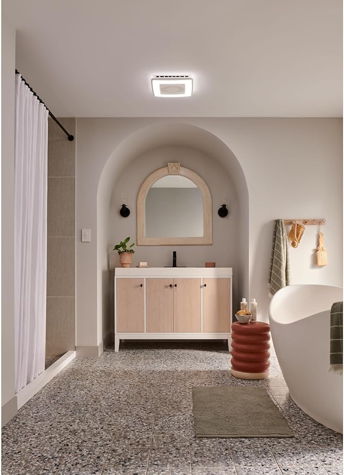 Broan-NuTone VC110CCT Sensonic Alexa Voice Controlled Smart Exhaust Fan with Dimmable LED Light and Bluetooth Speakers, 110 CFM,White, 13.25"x13.25"x5.75"
