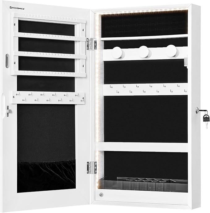 SONGMICS Mirror Jewelry Cabinet Armoire with Built-in LED Lights, Wall or Door Mounted Jewelry Storage Organizer, 3.8 x 14.6 x 26.4 Inches Hanging Mirror Cabinet, Gift Idea, White UJJC050W01