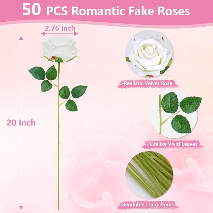 BLEUM CADE 50 Pcs White Roses Artificial Flowers, Real Touch Velvet Roses Fake Flowers Bulk, Artificial Roses Bouquet with Long Stems Bridal DIY Wedding Party Centerpiece Decorations