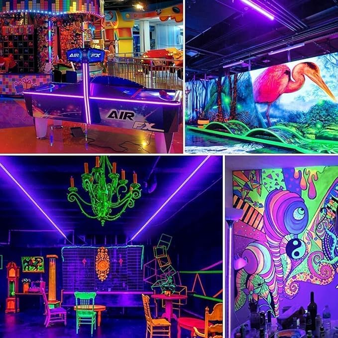 20ft Black Light Strip with Remote, 360 LED Lamp Beads, 12V Flexible Lights for Glow Party, Adjust Brightness, Delay Off, 3 Light Modes, Indoor Fluorescent Party, Stage Lighting