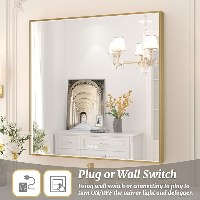 36x36 Inch LED Bathroom Mirror, Gold Metal Framed Lighted Mirror for Bathroom, Wall Mouted LED Vanity Mirror with Lights, 3 Colors and Stepless Dimmable, Anti-Fog, Memory