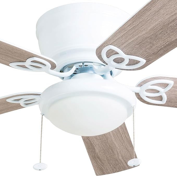 Prominence Home Benton Traditional 52 Inch Ceiling Fan with Light, LED Flush Mount Ceiling Fan, Indoor Fan with 5 Blades, White and Gray Oak Blade Finish Options, White (50852-01)