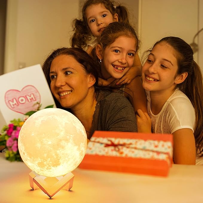 Mydethun Large Moon Lamp - 7.1" Large Thanksgiving & Christmas Table Décor, Gifts for Women and Mom, Touch-Dimmable Lamp with Wooden Base – Rechargeable Dual Color Night Light for Bedroom, Home