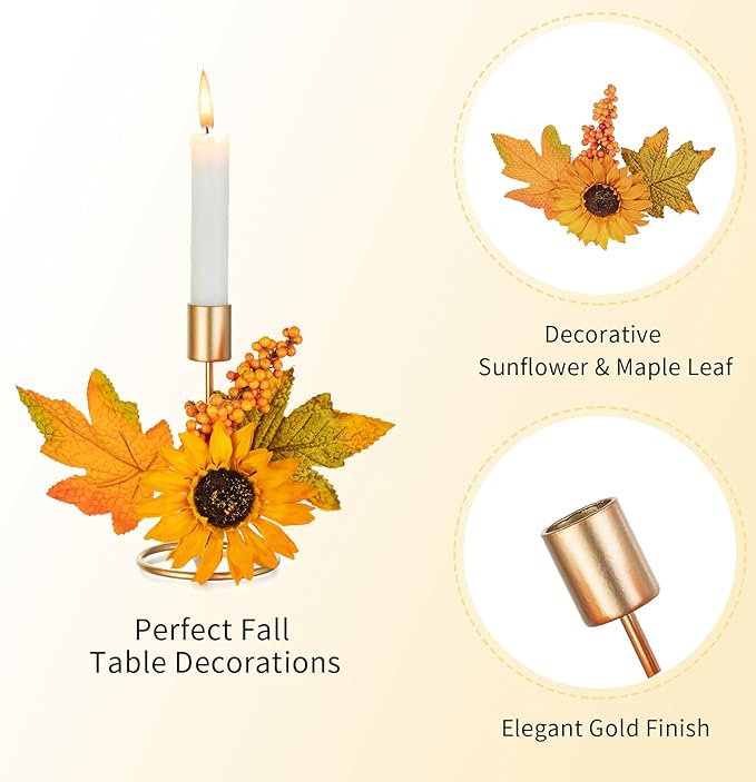 Romadedi Fall Candle Holder for Thanksgiving: Candlestick Holders Decor for Autumn Table Centerpiece Gold Party Decoration Indoor Kitchen Dining Fireplace Mantel Sunflower Maple Leaves Set of 2