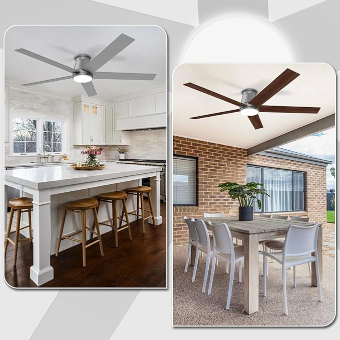 wurzee 60 Inch Flush Mount Ceiling Fan, Matte Silver Low Profile Fan Reversible DC Motors, Dimmable, Timer, Noiseless, Ceiling Fan for Indoor & Outdoor Bedrooms, Living Rooms
