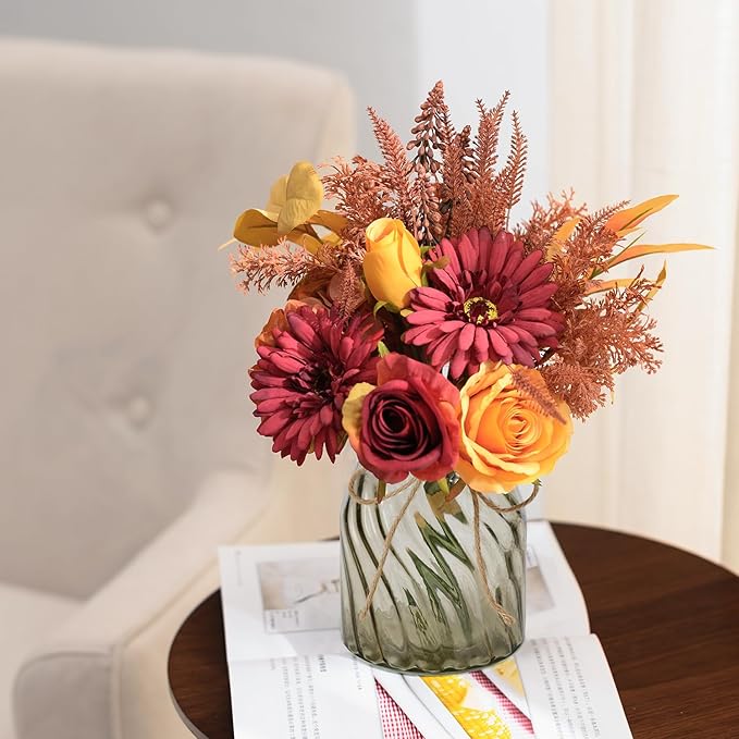 Fake Flowers Artificial Flowers with Vase, Faux Silk Flowers Fake Plants for Farmhouse Kitchen Dining Table Decorations, Fall Decorations for Home Office