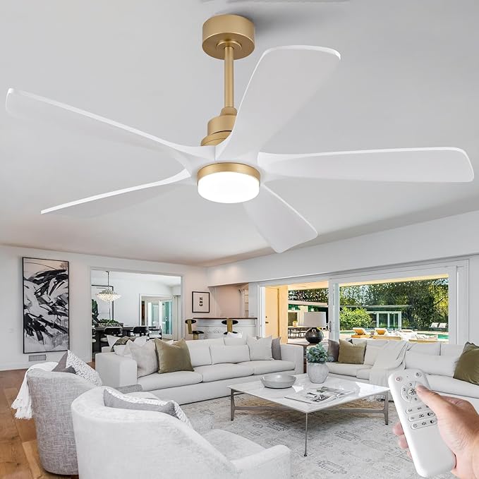 BOJUE 52 Inch Ceiling Fans with Lights and Remote Control, White Gold Ceiling Fan with Light for Bedroom, Noiseless DC Motor, Dimmable Led 5 Solid Wood Blades