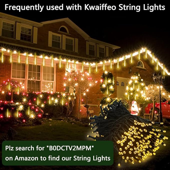 Kwaiffeo Warm White Christmas Icicle Lights, Meteor Shower Lights for Xmas Outdoor Tree Yard Thanksgiving New Year Decor, 8-Tube, UL Plug