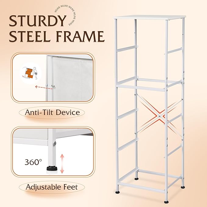 WLIVE Fabric Dresser, 5-Drawer Tall Dressers for Bedroom, Storage Dresser Organizer with Fabric Bins, Wood Top, Sturdy Steel Frame, Chest of Drawers for Closet, Hallway, White