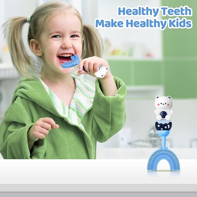 U-Shaped Toothbrush for Kids Ages 2-7, Soft Food-Grade Silicone for Sensitive Gums, 360° Teeth Cleaning Design,Training & Travel-Friendly Toddlers' Toothbrush (Blue)